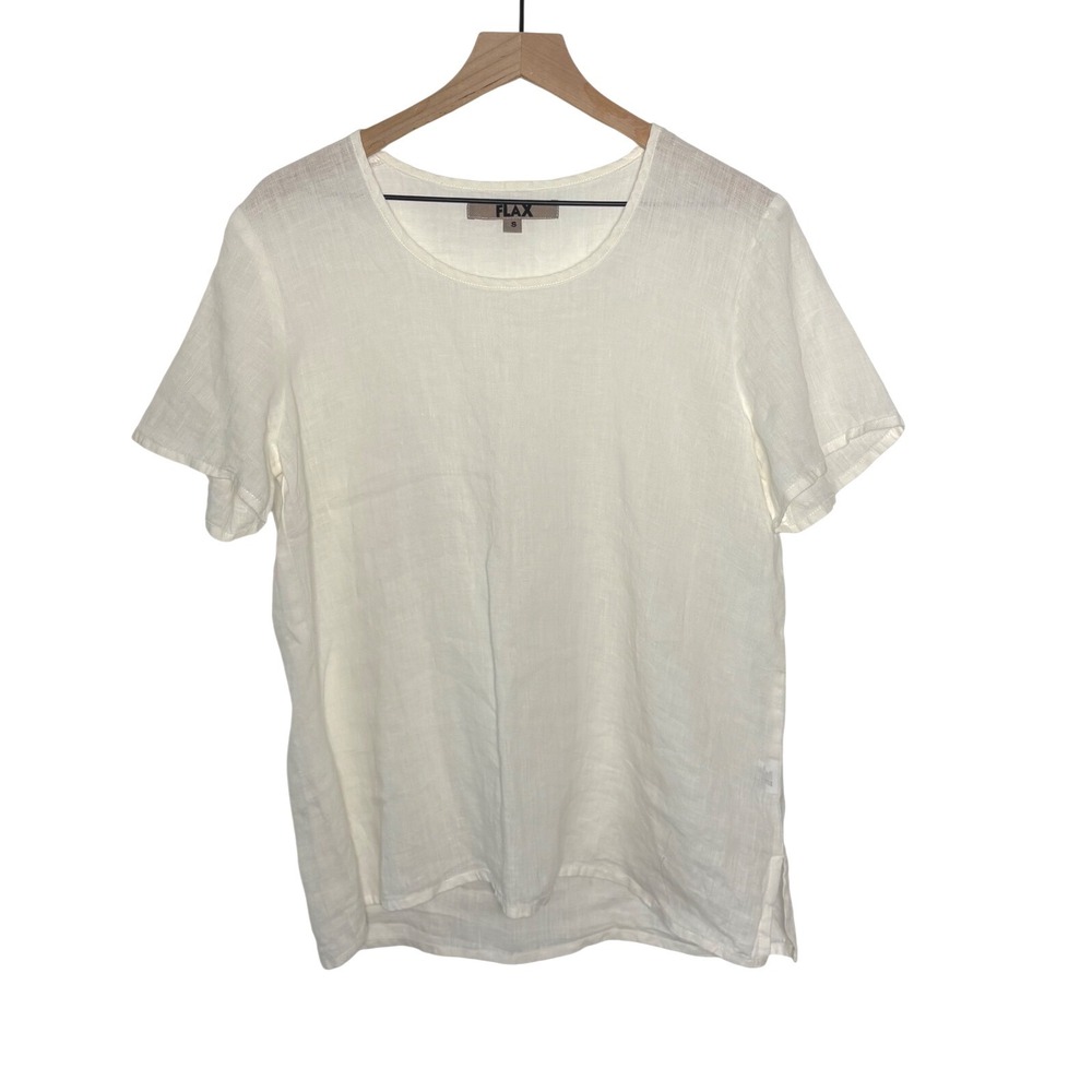 FLAX Top Short Sleeve Off White Linen Tee Shirt Minimalist Boho Small
